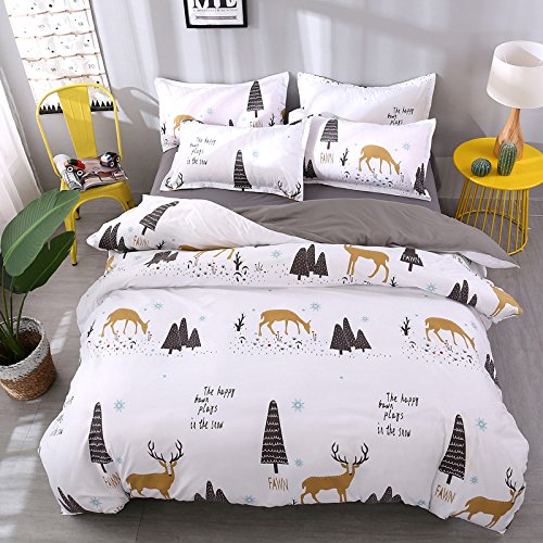 Chickwin Juego de Ropa de Cama 3 Piezas para Cama 135/140cm Poliéster Funda de edredón 180 * 220cm Funda de Almohada 50 * 75cm Estilo Animal(Cama 135/140cm, Ciervo del Bosque)
