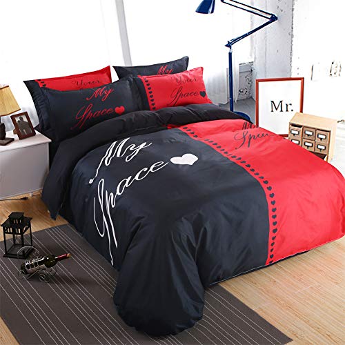 Chickwin Juego de Ropa de Cama 3 Piezas para Cama 150cm Poliéster Funda de edredón 240 * 220cm Funda de Almohada 48 * 74 stilo Blanco & Negro Dulce Pareja (150cm, Espacio Negro)