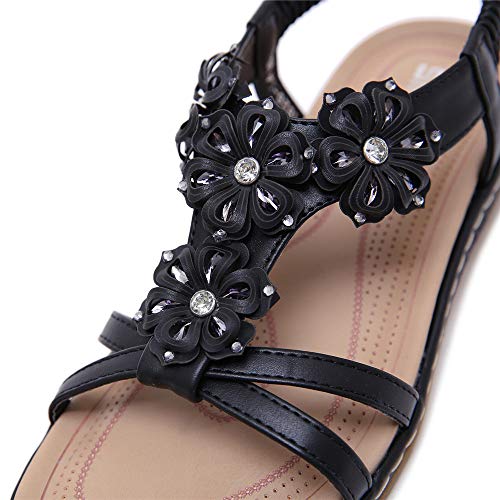 Chickwin Mujer Planas Sandalias Verano Elegantes Casuales Bohemia Estilo Rhinestone Flor Tobillo Correa Elástica Casuales de Playa Elegantes Chanclas Damas Zapatos (EU38=240mm/9.45in,Negro)