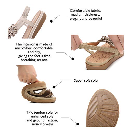 Chickwin Mujer Planas Sandalias Verano Elegantes Casuales Bohemia Estilo Rhinestone Flor Tobillo Correa Elástica Casuales de Playa Elegantes Chanclas Damas Zapatos (EU38=240mm/9.45in,Negro)