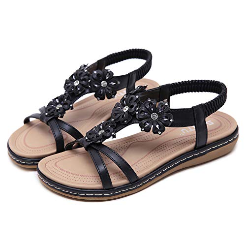 Chickwin Mujer Planas Sandalias Verano Elegantes Casuales Bohemia Estilo Rhinestone Flor Tobillo Correa Elástica Casuales de Playa Elegantes Chanclas Damas Zapatos (EU38=240mm/9.45in,Negro)