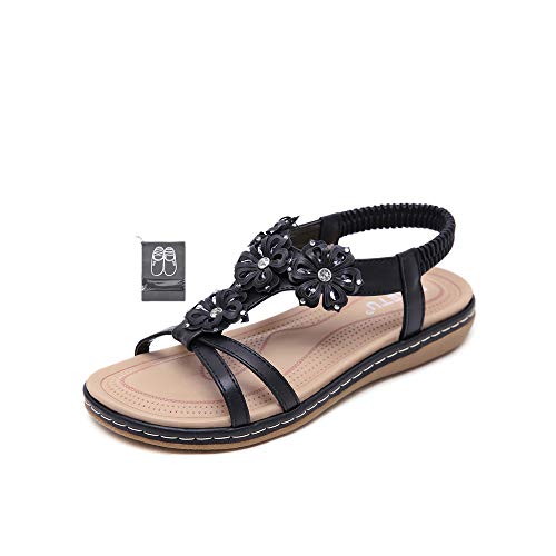 Chickwin Mujer Planas Sandalias Verano Elegantes Casuales Bohemia Estilo Rhinestone Flor Tobillo Correa Elástica Casuales de Playa Elegantes Chanclas Damas Zapatos (EU38=240mm/9.45in,Negro)