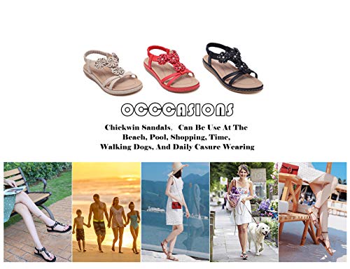 Chickwin Mujer Planas Sandalias Verano Elegantes Casuales Bohemia Estilo Rhinestone Flor Tobillo Correa Elástica Casuales de Playa Elegantes Chanclas Damas Zapatos (EU38=240mm/9.45in,Negro)