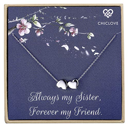 CHICLOVE Collar de Dos Corazones - Collar de Plata esterlina con 2 Corazones, Regalo de Hermanas