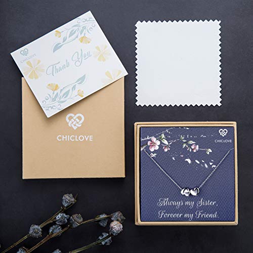 CHICLOVE Collar de Dos Corazones - Collar de Plata esterlina con 2 Corazones, Regalo de Hermanas