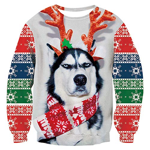 chicolife Unisex navideños Suéteres 3D Perro Enojado con Navidad Bufanda Cuello Redondo Sudaderas para jóvenes niño niña Adolescente