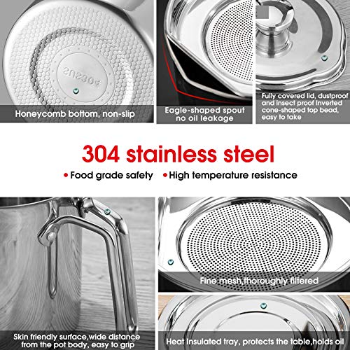 Chihee Filtro de Aceite, Recipiente de Grasa en Lata, 2 L Acero Inoxidable. Recipiente o pote de Lata con Filtro de Malla Fina, Adecuado para almacenar Aceite de fritura y Grasa de Cocina