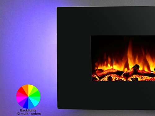 Chimenea eléctrica Egton montado en la pared, vidrio curvado negro, 220/240 Vac，1&2kW, control remoto programable de 7 días (W 910mm x H 580mm x D 180m m)