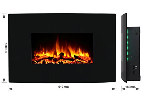 Chimenea eléctrica Egton montado en la pared, vidrio curvado negro, 220/240 Vac，1&2kW, control remoto programable de 7 días (W 910mm x H 580mm x D 180m m)