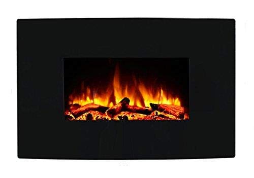 Chimenea eléctrica Egton montado en la pared, vidrio curvado negro, 220/240 Vac，1&2kW, control remoto programable de 7 días (W 910mm x H 580mm x D 180m m)