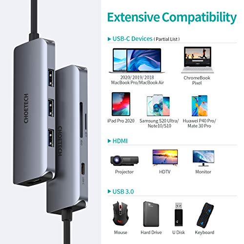 CHOETECH Hub USB C,7 En 1 USB Tipo C a HDMI HUB con PD 100W, HDMI 4K,USB 3.0, SD/TF Lector Tarjeta para MacBook Pro/Air 2018-2020, iPadPro 2020/2018,MacBook,SamsungS20/S10E/S9,Huawei P40Pro/P30/Mate20