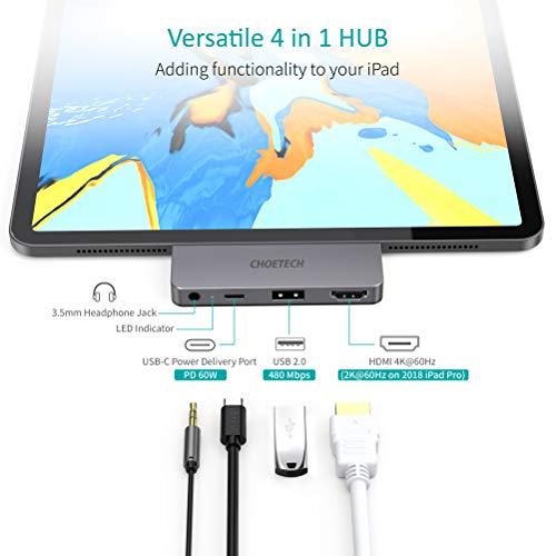 CHOETECH USB C Hub para iPad Pro 2018/2020, 4 en 1 Adaptador iPad Pro, 4K HDMI, USB-C PD, 3.5mm de Auricular, Hub para MacBook Pro,Macbook Air, Surface Go, Galaxy S20/S10/S9/S8 más Dispositivo USB C