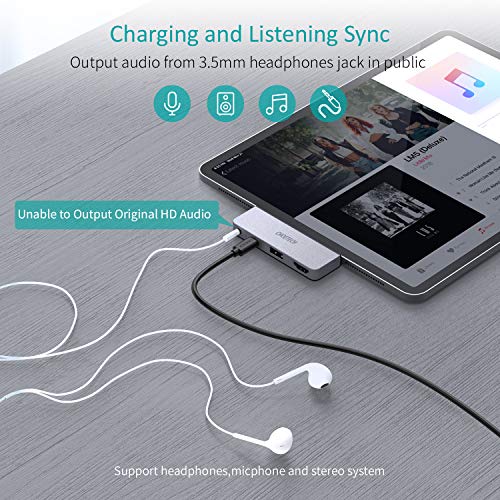 CHOETECH USB C Hub para iPad Pro 2018/2020, 4 en 1 Adaptador iPad Pro, 4K HDMI, USB-C PD, 3.5mm de Auricular, Hub para MacBook Pro,Macbook Air, Surface Go, Galaxy S20/S10/S9/S8 más Dispositivo USB C