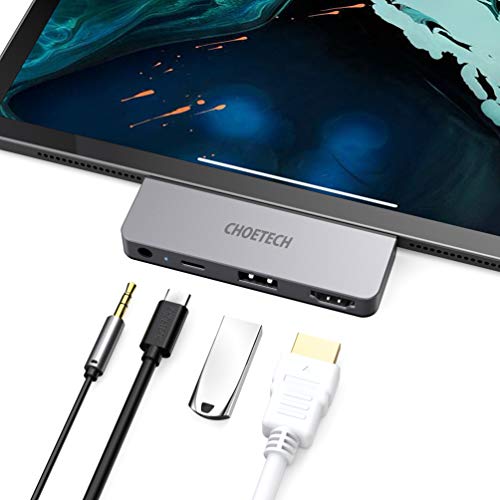 CHOETECH USB C Hub para iPad Pro 2018/2020, 4 en 1 Adaptador iPad Pro, 4K HDMI, USB-C PD, 3.5mm de Auricular, Hub para MacBook Pro,Macbook Air, Surface Go, Galaxy S20/S10/S9/S8 más Dispositivo USB C
