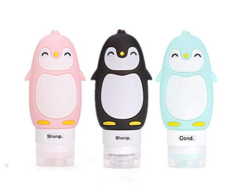 Chonor 3PCS Paquete de Pingüino Lindo Botellas de Viaje Portátil Silicona de Conjunto, Anti-Fugas Rellenable Compresible Botellas de Viaje,para Gel, Shampoo, Crema de Baño, Loción etc