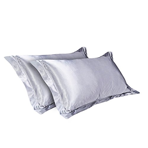 CHRISLZ 2pcs funda de almohada de seda estándar 50 * 75CM sedoso suave y arruga libre puro Color seda funda sin cremallera (GREY)