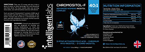 Chromositol-F de Intelligent Labs, avanzado complemento de inositol en polvo para mujeres, La mezcla perfecta de mioinositol y D-quiro-inositol (1:40) con folato activado y cromo, 180 dosis, 3 meses