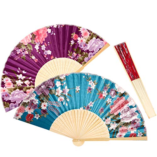 Chuangdi 12 Piezas de Mano Abanicos de Seda de bambú abanicos Flor Impresos abanicos de Mano Plegado abanicos de Baile para Regalo de Boda favores de la Fiesta (Patrón de Rosa)