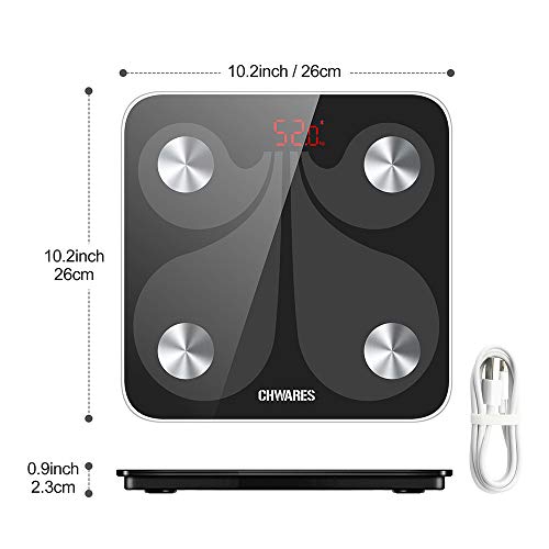 CHWARES Báscula digital de grasa corporal, carga por USB, báscula de baño con Bluetooth, con aplicación, báscula digital para analice,conversión de 3 unidades, báscula de grasa corporal inalámbrica