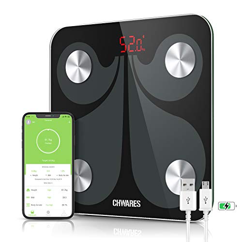 CHWARES Báscula digital de grasa corporal, carga por USB, báscula de baño con Bluetooth, con aplicación, báscula digital para analice,conversión de 3 unidades, báscula de grasa corporal inalámbrica