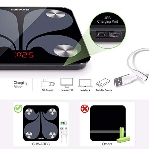 CHWARES Báscula digital de grasa corporal, carga por USB, báscula de baño con Bluetooth, con aplicación, báscula digital para analice,conversión de 3 unidades, báscula de grasa corporal inalámbrica
