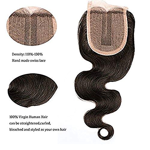Cierre Del Cordón"X 4" Sección Del Medio De Cierre Del Pelo Humano 3.5 130% De La Densidad Brasileña Del Pelo Humano 7A Humano De La Virgen Cabello Ondulado/Bodywave La Extensión Del Pelo 14",1