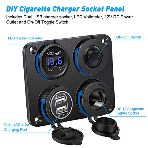 Cigarette Lighter Socket, Dual USB 4.2A Port, DC 12V Socket, Switch y LED Display Voltímetro Cargador coche a prueba agua Toma corriente para 12V/24V Coche, barcos marina,motocicleta, camión, SUV, UTV