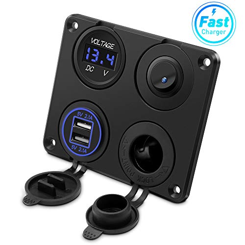 Cigarette Lighter Socket, Dual USB 4.2A Port, DC 12V Socket, Switch y LED Display Voltímetro Cargador coche a prueba agua Toma corriente para 12V/24V Coche, barcos marina,motocicleta, camión, SUV, UTV