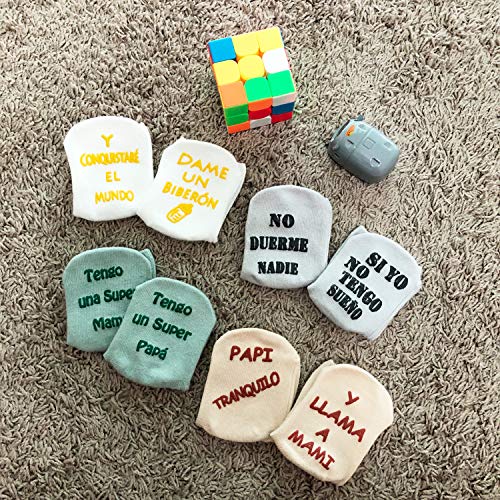Cincobebé Juego de Calcetines Antideslizantes para Bebé/Recién Nacido,con Frases en Español Divertidas Lindas para Niños y Niñas,Apto para Todas las Estaciones,4 Pares,3-24 Meses,Unisex,Caja Regalo