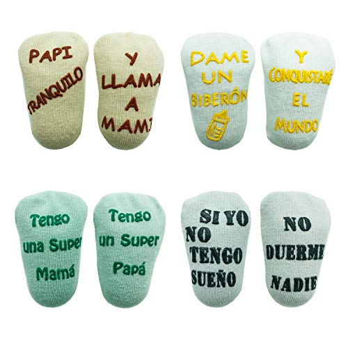 Cincobebé Juego de Calcetines Antideslizantes para Bebé/Recién Nacido,con Frases en Español Divertidas Lindas para Niños y Niñas,Apto para Todas las Estaciones,4 Pares,3-24 Meses,Unisex,Caja Regalo