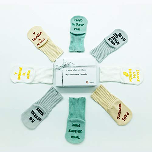 Cincobebé Juego de Calcetines Antideslizantes para Bebé/Recién Nacido,con Frases en Español Divertidas Lindas para Niños y Niñas,Apto para Todas las Estaciones,4 Pares,3-24 Meses,Unisex,Caja Regalo