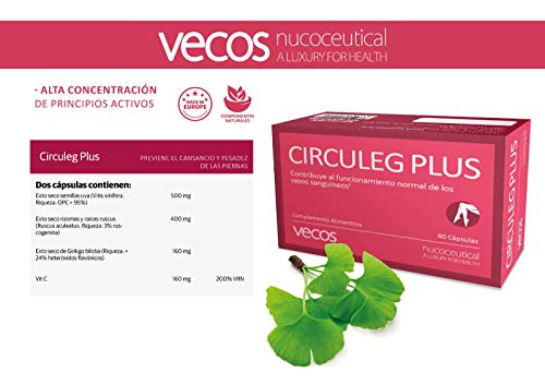 CIRCULEG PLUS 60 Cápsulas Piernas cansadas. Previene el cansancio y pesadez de las piernas. Con ginkgo biloba, ruscus, uva y Vitamina C