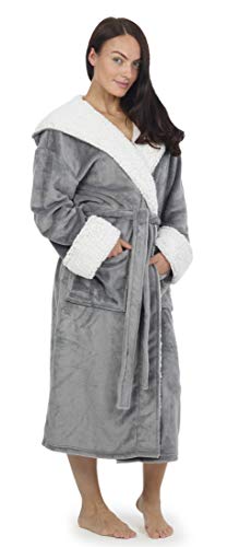 CityComfort - Bata De Baño Mujer con Capucha Y Puños De Sherpa | Bata Súper Suave con Capucha Forrada | Albornoz De Felpa (L, Gris)