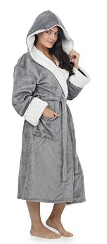 CityComfort - Bata De Baño Mujer con Capucha Y Puños De Sherpa | Bata Súper Suave con Capucha Forrada | Albornoz De Felpa (L, Gris)