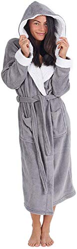 CityComfort Bata de Estar por Casa Mujer Invierno con Capucha, Ropa de Dormir Suave Material de Forro Polar, Batín Tejido Peluche Accesorios Mujer, Regalos para Mama (M, Gris Claro)