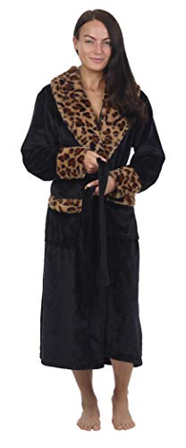 CityComfort Bata de Estar por Casa Mujer Invierno con Capucha, Ropa de Dormir Suave Material Forro Polar Estampado Leopardo o Gris, Batín Tejido Peluche Accesorios Mujer, Regalos para Mama (M, Negro)