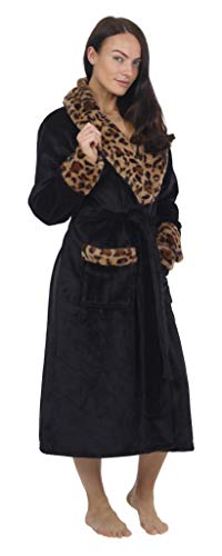 CityComfort Bata de Estar por Casa Mujer Invierno con Capucha, Ropa de Dormir Suave Material Forro Polar Estampado Leopardo o Gris, Batín Tejido Peluche Accesorios Mujer, Regalos para Mama (M, Negro)