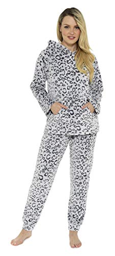 CityComfort Pijama Mujer Invierno, Conjunto de Pijama 2 Piezas Mangas Larga Pantalon Largo, Pijamas Polar Super Suave con Estampado Animal, Rosa, Azul (44/46, Leopardo Gris con Capucha)