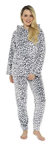 CityComfort Pijama Mujer Invierno, Conjunto de Pijama 2 Piezas Mangas Larga Pantalon Largo, Pijamas Polar Super Suave con Estampado Animal, Rosa, Azul (44/46, Leopardo Gris con Capucha)