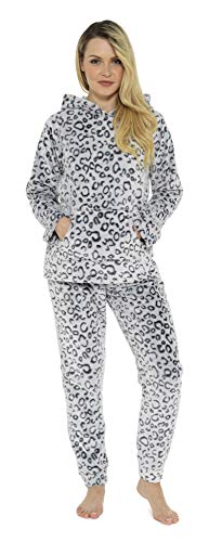 CityComfort Pijama Mujer Invierno, Conjunto de Pijama 2 Piezas Mangas Larga Pantalon Largo, Pijamas Polar Super Suave con Estampado Animal, Rosa, Azul (44/46, Leopardo Gris con Capucha)