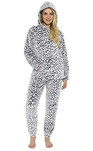 CityComfort Pijama Mujer Invierno, Conjunto de Pijama 2 Piezas Mangas Larga Pantalon Largo, Pijamas Polar Super Suave con Estampado Animal, Rosa, Azul (44/46, Leopardo Gris con Capucha)