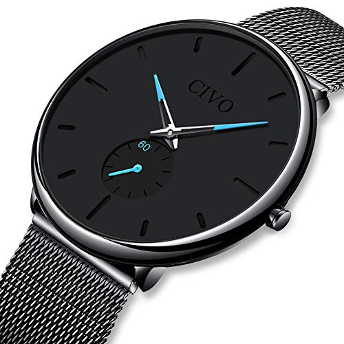 CIVO Reloj Negro Ultra Fino para Hombre Minimalista Moda Relojes de Pulsera para Hombres Vestir Casual Impermeable Reloj de Cuarzo para Hombre con Banda Negro de Acero Inoxidable (1 Negro)