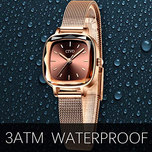 CIVO Relojes Mujer Relojes de Señoras Acero Inoxidable Minimalista Impermeable Oro Rosa Diseñador Simple Moda Relojes de Cuarzo Analógicos para Mujeres con Esfera Marrón Elegante Casual