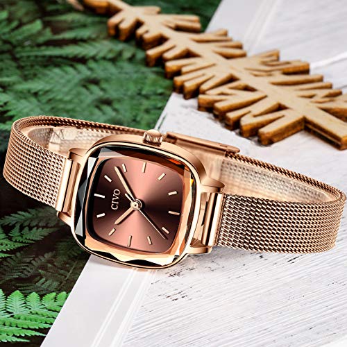 CIVO Relojes Mujer Relojes de Señoras Acero Inoxidable Minimalista Impermeable Oro Rosa Diseñador Simple Moda Relojes de Cuarzo Analógicos para Mujeres con Esfera Marrón Elegante Casual