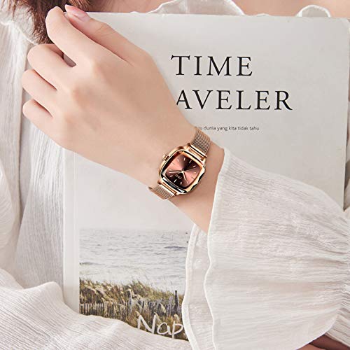 CIVO Relojes Mujer Relojes de Señoras Acero Inoxidable Minimalista Impermeable Oro Rosa Diseñador Simple Moda Relojes de Cuarzo Analógicos para Mujeres con Esfera Marrón Elegante Casual