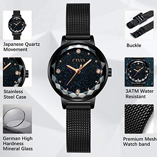CIVO Relojes para Mujer Reloj Damas de Malla Impermeable Silm Negro Elegante Banda de Acero Inoxidable Relojes de Pulsera Moda Vestir Negocio Casual Reloj de Cuarzo