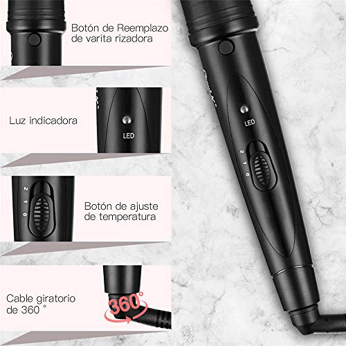 CkeyiN -Rizador de Pelo， Planchas Rizadoras de Profesional ，Muitifunción 5 en 1 con Barriles Intercambiables 9mm-32mm， con Pelo Kit Guante Resistente al Calor -Negro