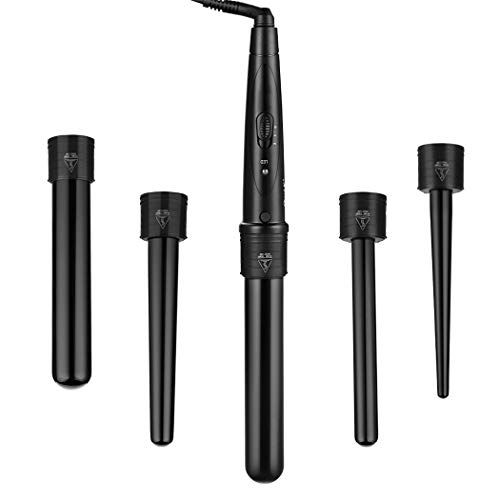 CkeyiN -Rizador de Pelo， Planchas Rizadoras de Profesional ，Muitifunción 5 en 1 con Barriles Intercambiables 9mm-32mm， con Pelo Kit Guante Resistente al Calor -Negro