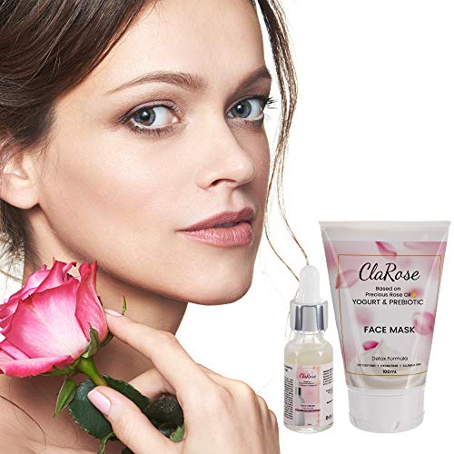 ClaRose Detoxifying Face Kit - Anti-Ageing Face Serum 20ml and Illuminating Face Mask 100ml with 100% Natural Rose oil, Yogurt and Prebiotic