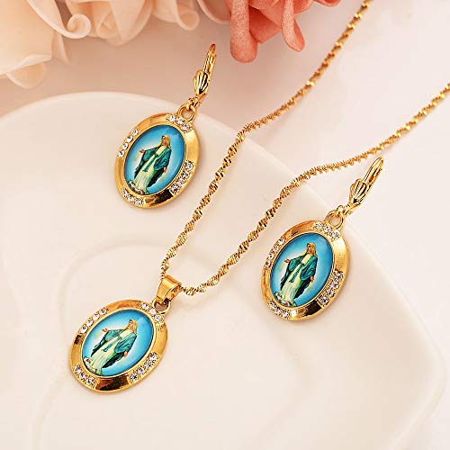 CLEARNICE Conjunto De Collar Y Aretes De La Virgen María Color Dorado Conjunto De Joyas De Cristal Religioso Católico Mujeres Regalos De Niñas Longitud del Collar 50 Cm